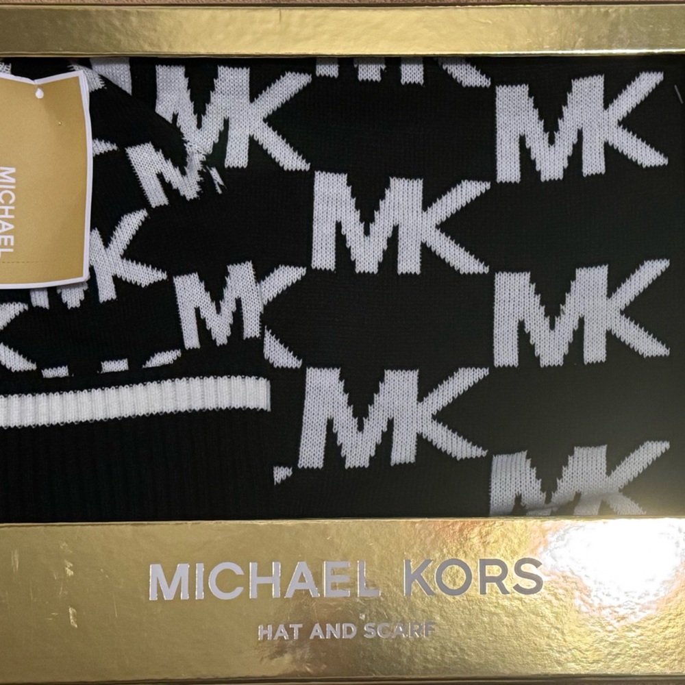 Michael Kors Black and White MK Logo Hat and Scarf Set